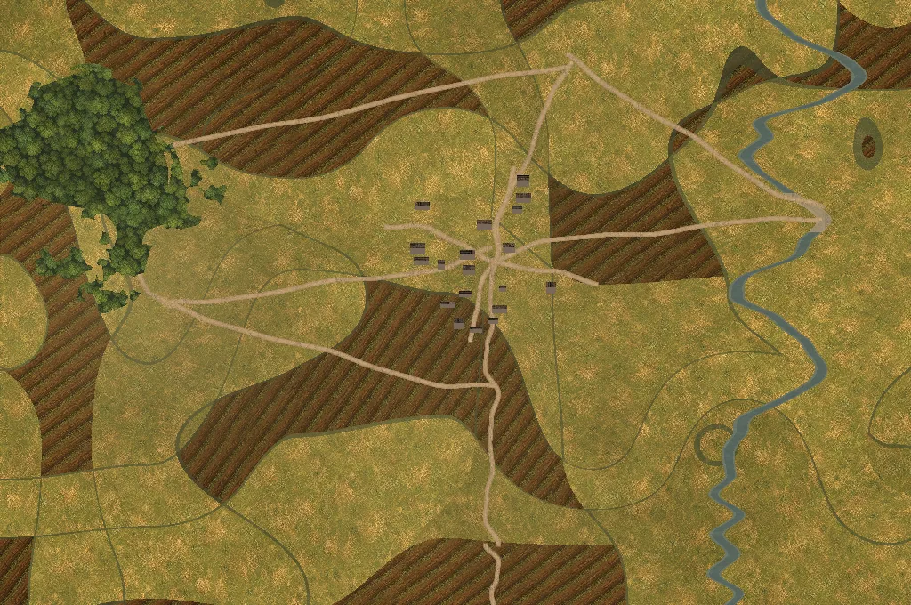 A top-down battlefield of ploughed fields, woodland, roads converging on a hamlet and a stream with a ford.