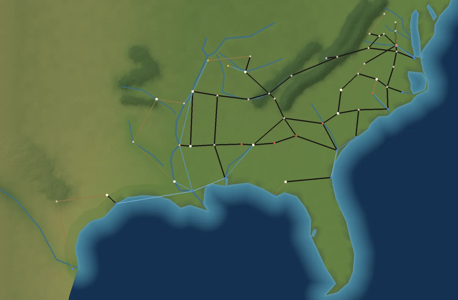 The Confederacy rendered as a terrain map with rail lines, rivers and 59 settlement nodes.